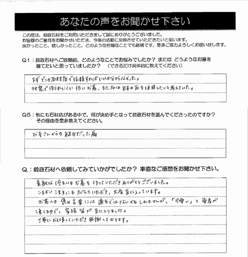 新規墓石の建立工事 H 様